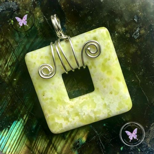 Butter Jade Square Donut Silver Wire Wrapped Pendant